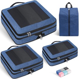 Prezon Large Compression Packing Cubes, Full Open Visible Design， Expandable Packing Organizer with Travel Shoe Bag for Suitcase & Backpack, 4 Set Lightweight Travel Bags for Vacation & Camping