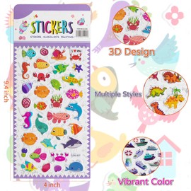 SHANGRLA Assorted Puffy Sticker Sheets for Kids Toddlers - Bulk Bubble 3D Stickers with Cars Airplane Vehicle Truck Dinosaur Butterfly Fish for Boys Girls, Teacher Classroom Rewards, 12 Pack.