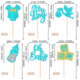 30 piezas para baby shower de Oh Baby cupcake Toppers It's a Boy - Púas para magdalenas con purpurina, para biberones de bebé, decoración para revelar el género, suministros para fiestas de cumpleaños, color azul