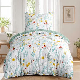 RUIKASI Bed Linen 155 x 220 cm 2-Piece Green - Duvet Cover Set with Floral Pattern, Bed Linen Sets 155 x 220 cm with 1 Pillowcase 80 x 80 cm Microfibre with Zip Soft and Non-Iron