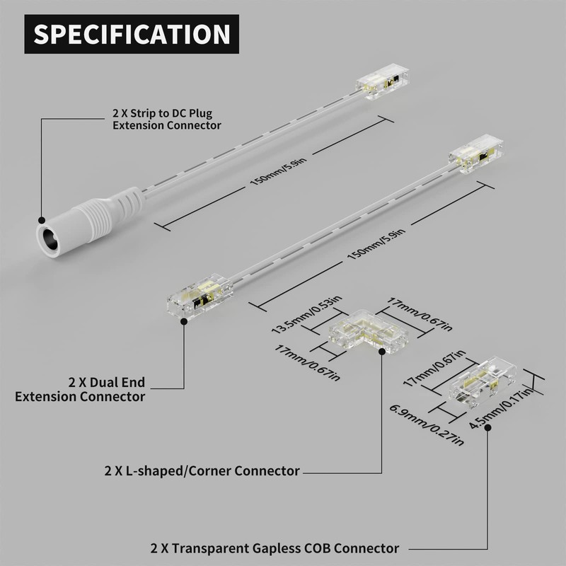 PAUTIX 5mm Connectors(2pcs Each),Gapless,L-Shaped,Dual End Strip,Strip to DC Plug Solderless