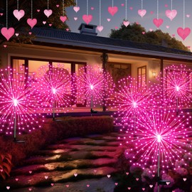 Tujoe 6 Pack Valentines Day Solar Firework Lights 180 LED 8 Lighting Modes Waterproof Solar Lights Outdoor Decorative Garden Lights for Valentines Wedding Patio Yard Pathway Walkway Lawn Decor, Pink