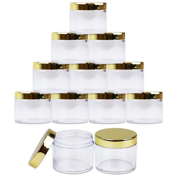 Beauticom 12 PIECES 60 Grams/60 ML (2 Oz) Leak Proof Round Acrylic Container Jars with Screw Cap Lids for Beauty Cosmetic Jewelry Charms Rhinestones (Clear Base with Gold Lids)
