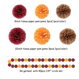 Brown Burgundy Orange Party-Decorations - 23pcs Fall Autumn Thanksgiving Harvest Paper Tissue Pom Poms Streamers ,Rustic Boho Wedding Tassel Garland Banner,Birthday Baby Shower Decor Lasting Surprise