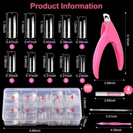 500Pcs Clear Nail Tips, MORGLES False Nails Kit Square Fake Nails Half Cover Acrylic Tips with Tip cutter Files and Glues Cuticle Fork for Acrylic Nails,10 Sizes