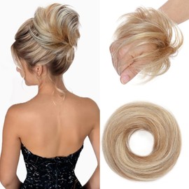 Benehair Messy Bun Scrunchie Real Hair Human Straight Hair Bun Scrunchy Piece Ponytail Extension Elastic Band Scrunchies Donut #12/613 Golden Brown Mix Bleach Blonde 17g