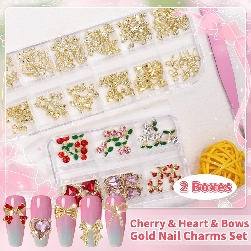 Tatiwoo 18 Styles Gold Bows Nail Charms, Cherry Heart Bow