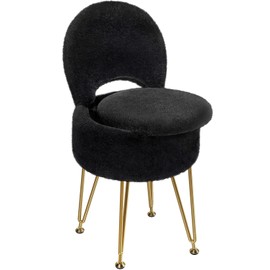 GREENSTELL Small Vanity Stool Chair with Storage and Folding Back, 13" x 13" x 17.7" Faux Fur Soft Ottoman for Teenager, 4 Metal Legs with Anti-Slip Feet, Furry Padded Seat for Makeup, Bedroom, Black