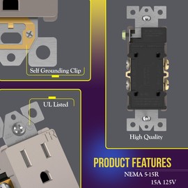 ENERLITES, Nickel Elite Series Decorator Receptacle Outlet Child Safe Tamper-Resistant, Self-Grounding, 2-Pole, Residential Grade, 15A 125V, UL Listed, 61501-TR-NK