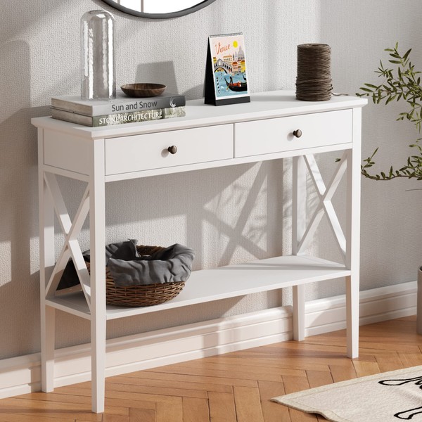 ChooChoo Console Table with Drawers, Narrow Wood Accent Sofa Table Entryway Table with Storage Shelf for Entryway, Front Hall, Hallway, Living Room, White