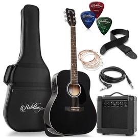 Ashthorpe Full-Size Dreadnought Acoustic Electric Guitar Package with 10 Watt Amp - Black