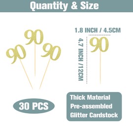 Sotpot 30PCS Gold Glitter 90th Birthday Cupcake Toppers Cheers to 90 Years Cupcake Picks for 90th Birthday Anniversary Party Decorations