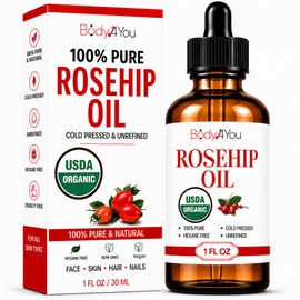 BodyJ4You Rosehip Oil for Face - 100% Pure Natural USDA Organic Cold Pressed - Hydrating Skin Hair Nails Anti-Aging Wrinkle Scar Treatment Gua Sha - Non-GMO Undiluted Carrier - Glass Bottle 1 Fl Oz