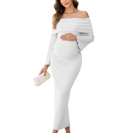 AISWI Off The Shoulder Maternity Dress Bell Sleeves Ruched Bodycon Maxi Elegant Pregnancy Dresses Baby Shower Photoshoot, White, Large