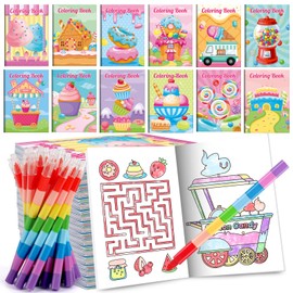 BenLouis 12 Donut Candyland Mini Coloring Books Kids with 12 Stacking Crayons Ice Cream Party Favors Small Activity Books Bulk for Kids Sweet Treats Desserts Birthday Party Gift Goodie Bag Stuffers
