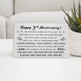3rd Anniversary Card, 3rd Wedding Anniversary Husband Wife Gifts, Steel Engraved 3 Year Anniversay Wallet Card, 3 Yr Anniversary Romantic Gifts for Him Her