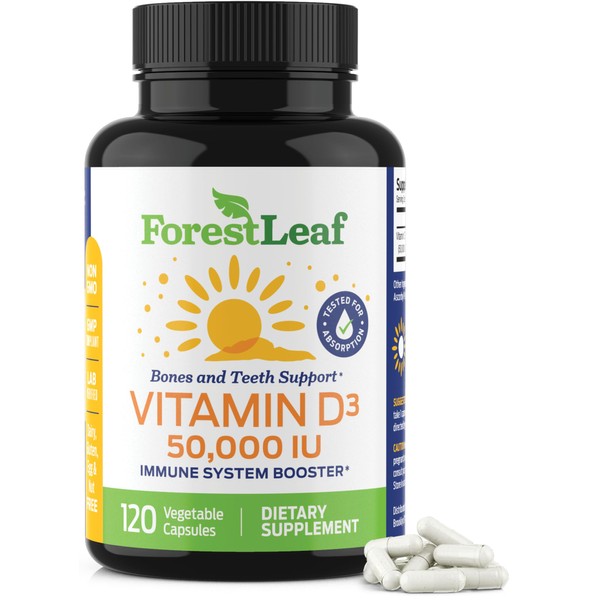 ForestLeaf Vitamin D3 50000 IU - Bone Health and Immune Support - Small Easy to Swallow Capsules - Non-GMO Gluten Free VIT D - VIT D3 Vitamin D Supplements for Women and Men, 120 Count