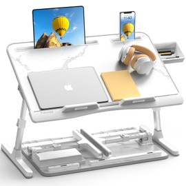 Potuopy Adjustable Folding Lap Desk Tray, Stable Bed Table Tray with Drawer on Couch Floor Bed for Eating Writing Drawing Working, X-Large Marble and Large Black