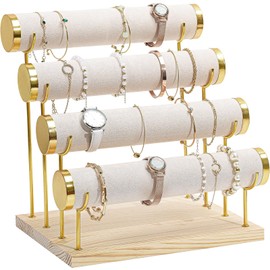 ProCase Bracelet Holder Display Bracelet Organizer Stand, Gold Detachable Bangle Storage Rack for Selling, Velvet Wrap Watch Holder with Wooden Base for Women Girls, Business Supplies - 4 Tier, Beige