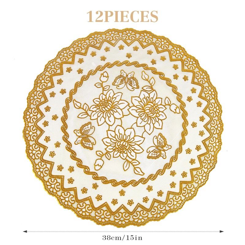 fanquare Round Gold Lace Placemats Set of 12, 15" Floral