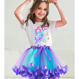 Doctor Unicorn Birthday Girls Mermaid Outfit Set Costume Tutu Skirt Dress, Mermaid Birthday Shirt, Headband & Satin Sash (Blue Mermaid, 8-9 Years)