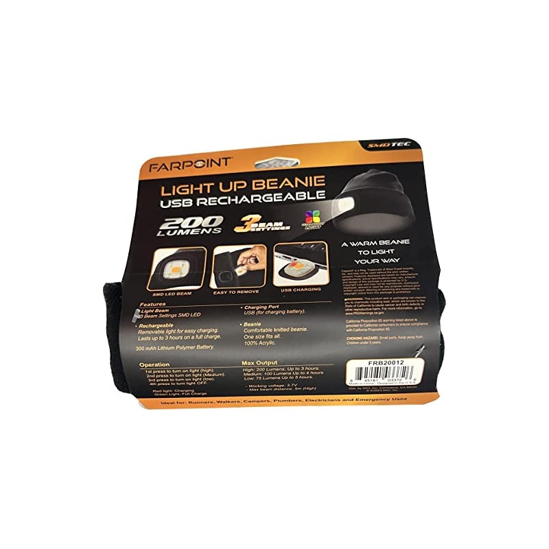 FarPoint Light Up Beanie USB Rechargeable Black