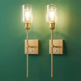 Neoglint Battery Operated Wall Sconces Set of 2, 5000mAh Rechargeable Wireless Wall Lights, Satin Brass Gold with Glass Shade, Dimmable Touch Control Non-Hardwired Lamps for Bedroom Living Room