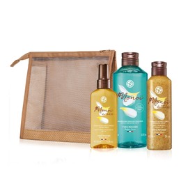 Yves Rocher Monoi Hydration Gift Set - Body, Hair and Face non greasy oil, Body Scrub, Shower Gel and Travel Vanity Case, Moisturizing Organic, Vegan and Natural Hydrating Value Pack, Limited Edition Monoi from Tahiti made from Tiare Flower, Exclusive Co