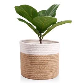 Oradrem 11" Cotton Rope Plant Basket Modern Woven Baskets for 10" Flower Pot Floor Indoor Planters,Storage Organizer Baskets Home Decor,Brown White 11"x 11"