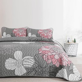 Anibedding 3Pieces King Size Floral Printed Quilt Set, Pink Boho Lightweight Oversized King Bedspread Set with 2 Pillowcases for Bedroom All Season