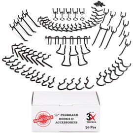 Extra Thick Black 1/4'' Pegboard Hooks for Hanging Tools, Set of 70 Pieces 1/4'' Black Peg Board Accessories Peg Hooks, Peg Board Attachments for Tools Organization
