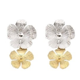 DIAMANTIO 18K Gold Plated, Two-Tone Metallic Flower Drop Earrings – Silver & Gold Statement Floral Dangle Earrings for Women, Bold Fashion Jewelry