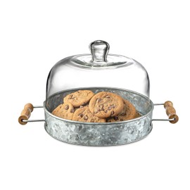 Royalty Art Farmhouse Cake Plate with Glass Dome, Rustic Kitchen and Dining Room Platter with Carry Handles, Galvanized Steel Base, Decorative Home Decor for Cupcakes and Pastries