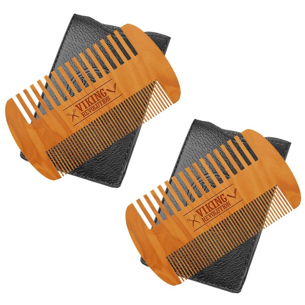 Viking Revolution Wooden Beard Comb & Case, Dual Action Fine & Coarse Teeth, Perfect for use with Balms and Oils, Top Pocket Comb for Beards & Mustaches (2 Pack)