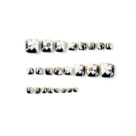 Press On Toenails Short Square, Coffin Shape Full Cover Reusable Toe Nails Tips with Glue, Stick On Toenails with White Flower Designs Artificial Acrylic Summer False Toe Static Nails for Women 24Pcs