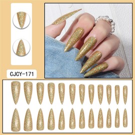 Pure Color Laser Powder Long Coffin Press On False Nails Medium Length Full Cover Acrylic Fake Nails Ballerina Nails for Women Lady Gifts Summer Nails for Salons Home DIY 24PCS (CJCY-171 Gold)