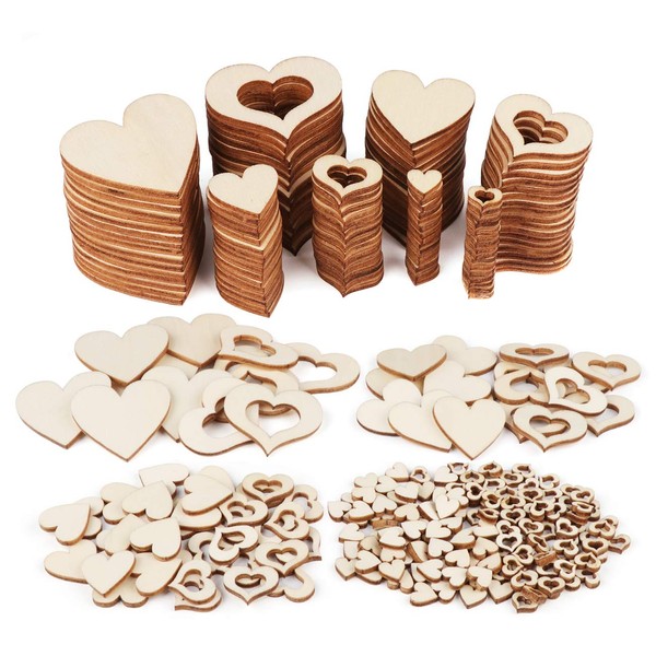 ilauke 500Pcs Wooden Heart Embellishments, Mixed Wood Heart Slices for Scrap Book DIY Crafting, Personalized Gifts, Wedding and Party Decoration 1cm 2cm 3cm 4cm