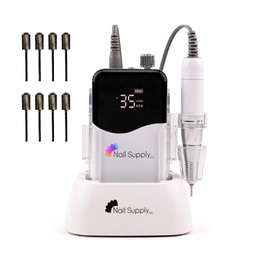 Nail Supply Inc. Pro Series 35K Hybrid E-File, 35000 RPM Professional Electric Nail File, Portable and Rechargeable, Cordless, Adjustable Speed, LCD Display, White Color, 14 Bits Included