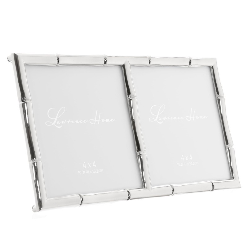 4x4 Double Silver Metal Picture Frame with Bamboo Design