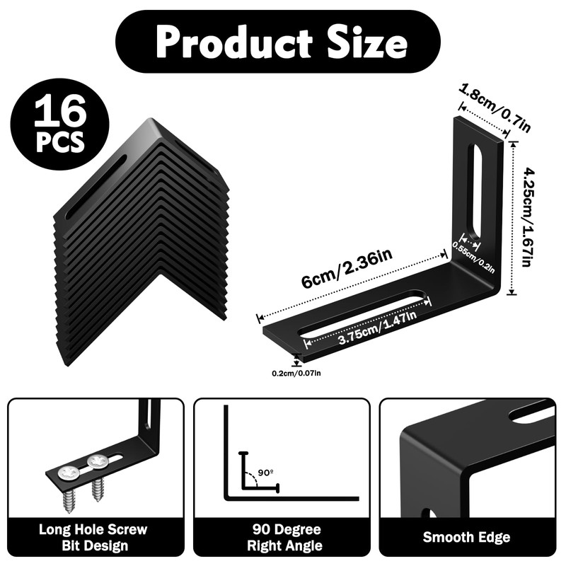 Pack of 16 Angle Connectors, Black, Metal Angle 90 Degrees,