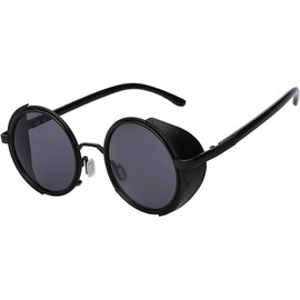 Steampunk Retro Gothic Vintage Colored Metal Round Circle Frame Sunglasses Colored Lens OWL (GothicPunk_C4_Blk_Matte_Bk, PC Lens)