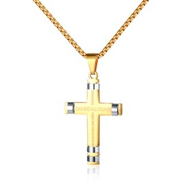 XIEXIELA Cross Necklace Philippians 4:13 STRENGTH Bible Verse Stainless Steel Pendant Necklace First Communion Gifts Men Gold