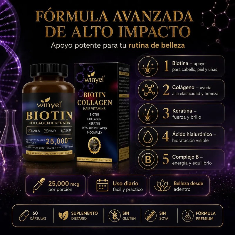 Biotina Colágeno Queratina Ácido Hialurónico 60 Cápsulas