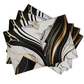 Black and White Placemats Set of 4 Marble Stone Table Mat Heat Resistant Linen Cloth Place Washable Holiday Party Dining Table Mat for Farmhouse Home Kitchen Decor 12x18in