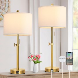 Table Lamp Set of 2, Bedside Lamp with 2 USB Ports, Gold Tall Table Lamp for Living Room End Tables, 23" to 30" Height Adjustable Table Lamp for Bedroom, Farmhouse Table Lamps with Pull Chain, E26
