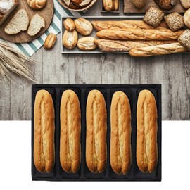 Topyond Baguette Bread Pan, French Bread Baking Pan with Nonstick Perforated Design, Heat-Resistant Silicone 5-Cavity Mold for Homemade Baguettes, Hot Dog Buns, Sourdough, Dishwasher Safe Baking Tray