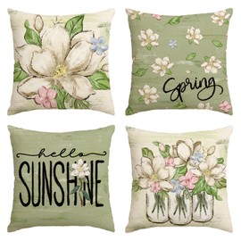 AVOIN colorlife Spring Mangnolia Green Throw Pillow Covers, 18 x 18 Inch Hello Sunshine Vases Cushion Case Decoration for Sofa Couch Set of 4