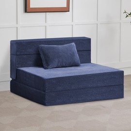 Convertible Folding Sofa Bed Couch Sleeper Sofa for Living Room, Small Corduroy Couch Lounge Chair Foldable Memory Foam Floor Bed for Bedroom RV Dorm Office with Pillow, Corduroy Blue Standard Twin