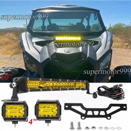 SuperM999 Fit Can-Am X3 Light Bar 10" Single Row AMBER LED Light Bar +2PCS 4" WORK LIGHTS