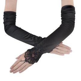 JISEN Women 20s Satin gloves Formal Bridal Banquet Party Wedding Opera Colorful Mitten Fingerless 16.7 Inch Black